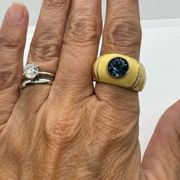 18K Yellow Gold Technibond Plated Ring Blue Topaz size 9 Yellow Enamel - Picture 8 of 9